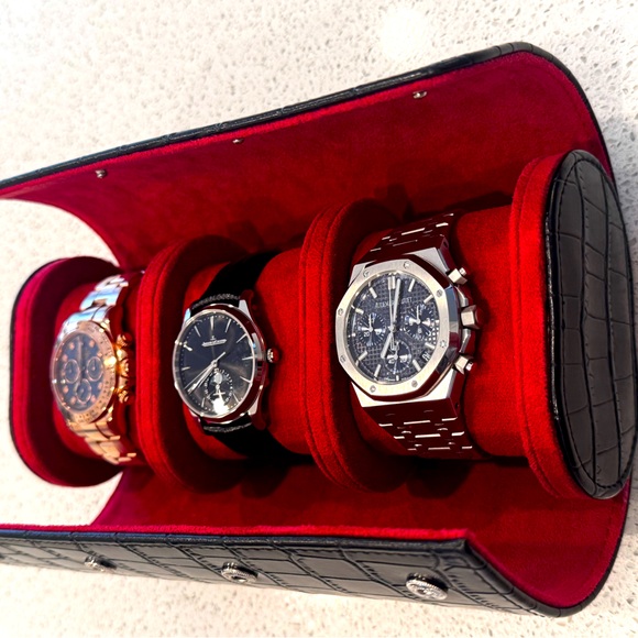 Luxury Black Red Leather Triple 3 Watch Travel Case Roll For AP Rolex JLC Patek